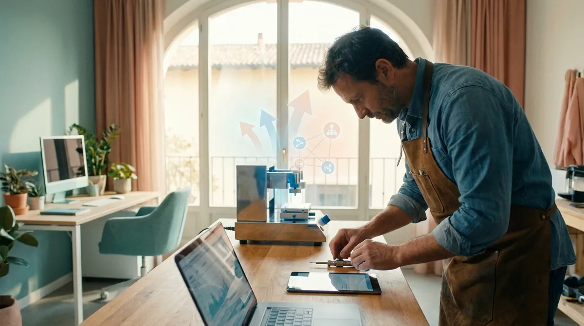 Titolare di una piccola impresa del Nord Italia al banco di lavoro con laptop, tablet e una piccola macchina, con frecce di flusso e nodi dati che richiamano l'automazione
