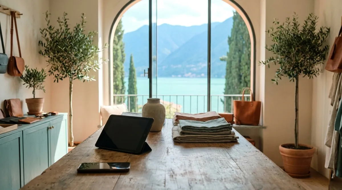 Bancone di una piccola boutique sul lago di Como con tablet e smartphone, vista lago dalla finestra ad arco