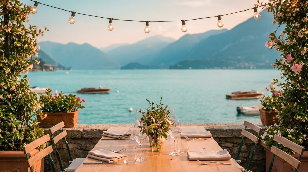 Tavolo apparecchiato su una terrazza di ristorante affacciata sul lago di Como al tramonto