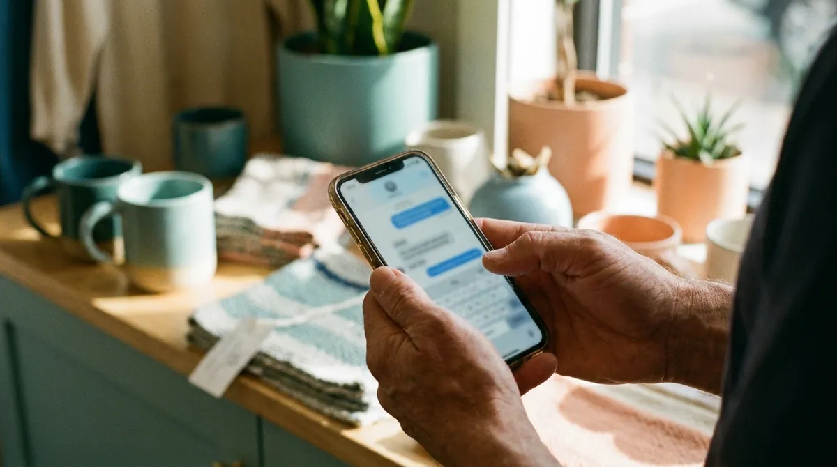 Mani di un titolare di un piccolo negozio che tengono uno smartphone con una conversazione in chat, bancone artigianale sullo sfondo con luce calda